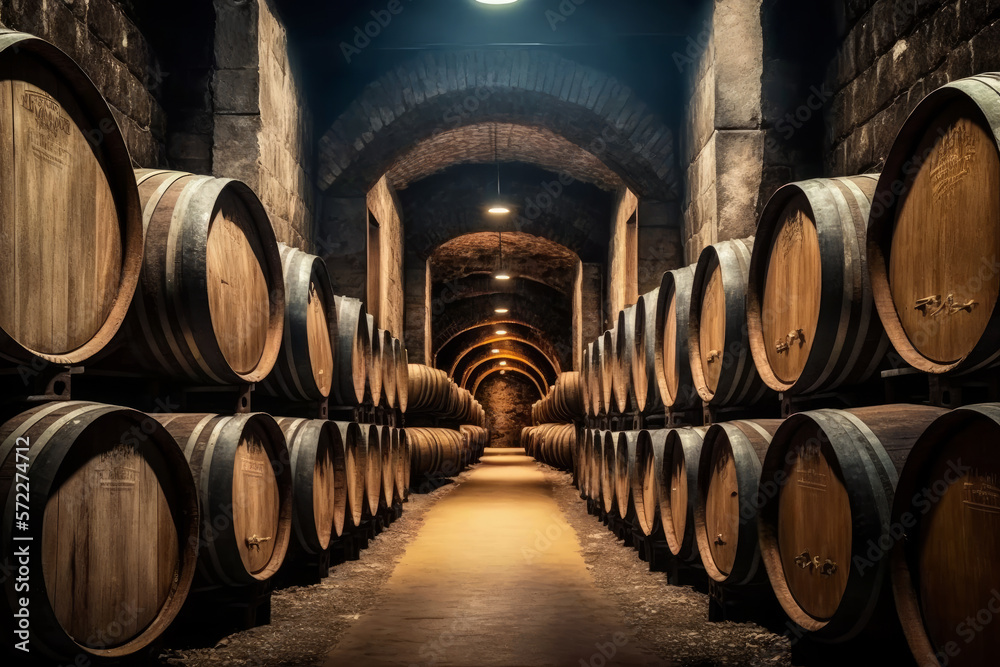 Long row of wine barrels in dark tunnel. Generative AI.
