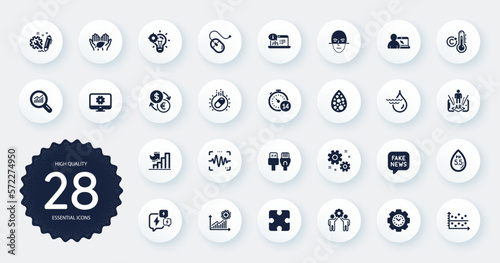 Set of Science icons, such as Coronavirus statistics, Face recognition and Ph neutral flat icons. Hydroelectricity, Celsius thermometer, Artificial colors web elements. Dot plot. Vector