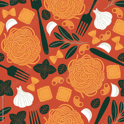Italian pasta ingredients with basil and garlic. Spaghetti and ravioli background. Food seamless pattern. Vector illustration