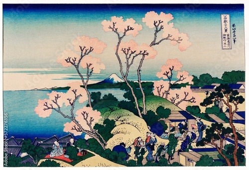 Goten-Yama Hill, Shinagawa on the Tokaido by Katsushika Hokusai (1760-1849) a traditional Japanese Ukyio-e style illustration of sakura blossom with Mount Fuji in the background and village people  photo