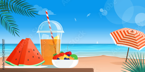Fresh healthy food and drink at the beach