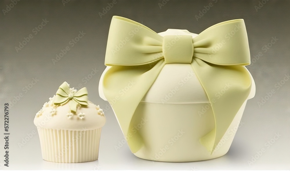 a cupcake next to a white cupcake with a yellow bow. generative ai a cupcake next to a white cupcake with a yellow bow. generative ai