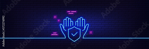 Neon light glow effect. Insurance hands line icon. Risk coverage sign. Policyholder protection symbol. 3d line neon glow icon. Brick wall banner. Insurance hand outline. Vector