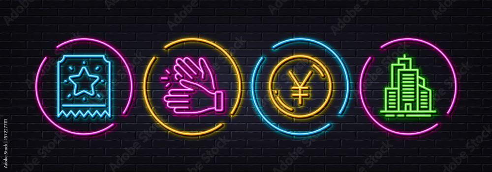 Yen money, Loyalty ticket and Clapping hands minimal line icons. Neon laser 3d lights. Skyscraper buildings icons. For web, application, printing. Currency, Bonus star, Clap. Town architecture. Vector
