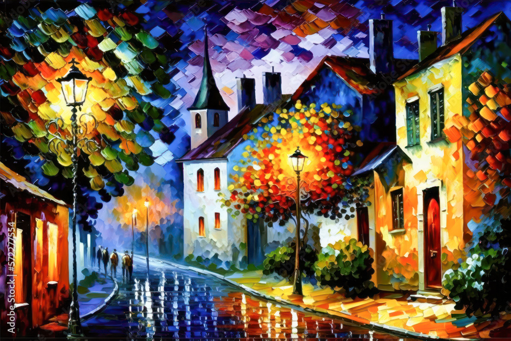street and houses on a rainy night painted with paints. Generative AI.