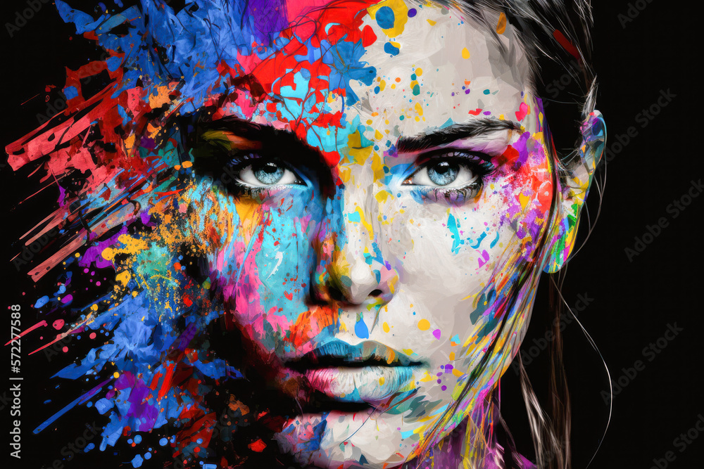 painting of a woman's face with colorful paint splatters all over. Generative AI.
