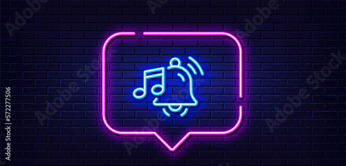 Neon light speech bubble. Alarm clock sound line icon. Reminder bell music sign. Notification musical note symbol. Neon light background. Alarm sound glow line. Brick wall banner. Vector
