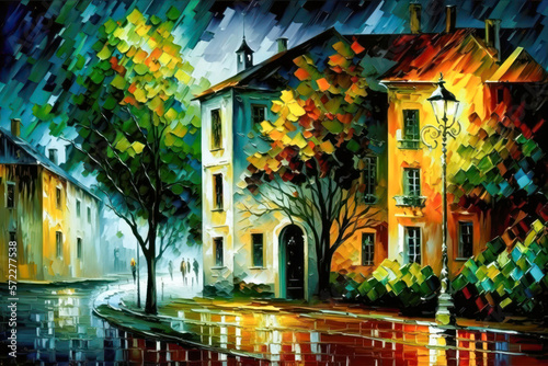 street and houses on a rainy night painted with paints. Generative AI. © valentyn640