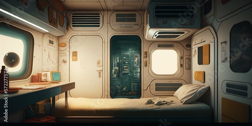 Spacecraft compartment with bed and window Generative AI.