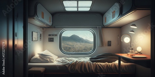 Fototapeta Naklejka Na Ścianę i Meble -  Futuristic bedroom in a space station. Generative AI.