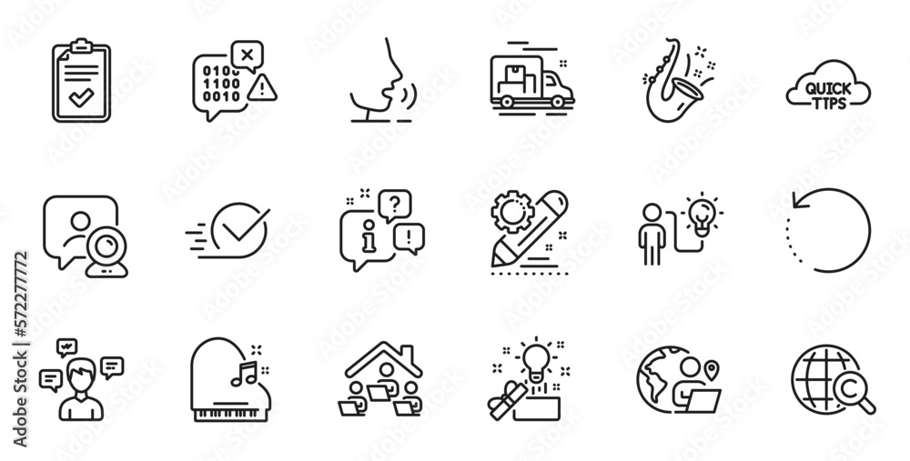 Outline set of Binary code, Business idea and Outsource work line icons for web application. Talk, information, delivery truck outline icon. Vector Outline set of Binary code, Business idea and Outsource work line icons for web application. Talk, information, delivery truck outline icon. Vector