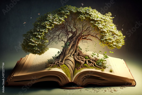 Stampa su tela an open book with tree growing out of it. Generative AI.