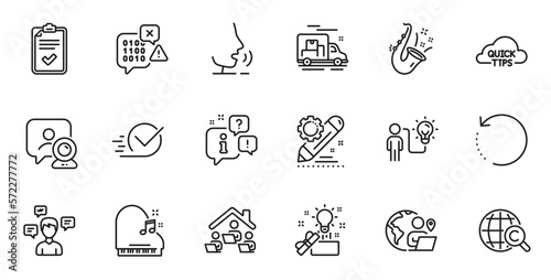 Outline set of Binary code, Business idea and Outsource work line icons for web application. Talk, information, delivery truck outline icon. Vector