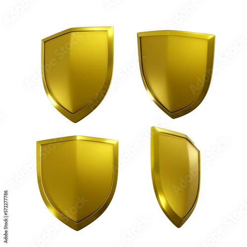 3d rendering of a shiny and glowing clean golden shield from multiple viewing angles