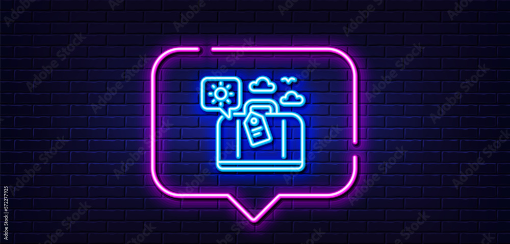 Neon light speech bubble. Travel luggage line icon. Trip bag sign. Holidays case symbol. Neon light background. Travel luggage glow line. Brick wall banner. Vector Neon light speech bubble. Travel luggage line icon. Trip bag sign. Holidays case symbol. Neon light background. Travel luggage glow line. Brick wall banner. Vector