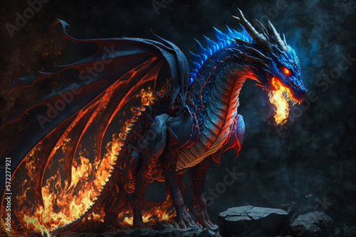 blue and red dragon sitting on top of rock. Generative AI. © valentyn640
