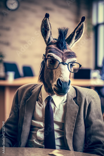 donkey wearing suit and tie sitting at desk. Generative AI.