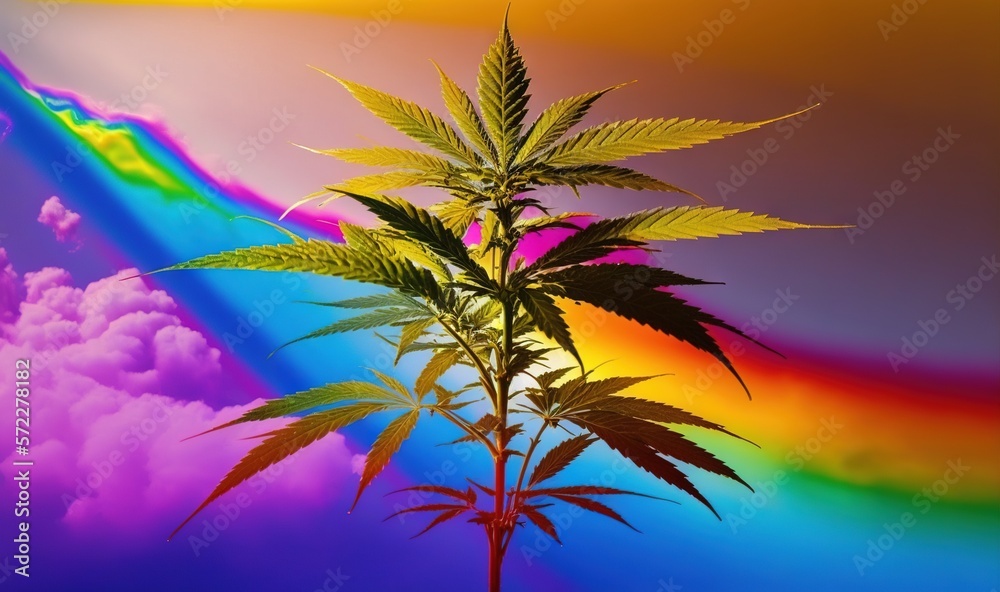  a marijuana plant in front of a rainbow and a rainbow sky.  generative ai