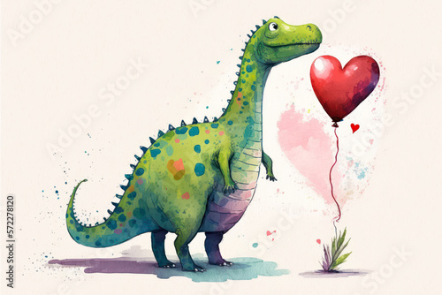dinosaur holding heart shaped balloon. Generative AI.