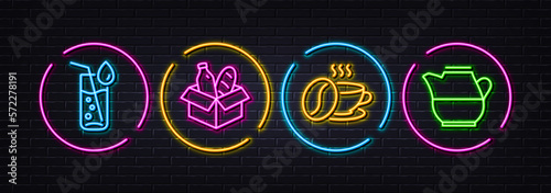 Food donation, Coffee cup and Water glass minimal line icons. Neon laser 3d lights. Milk jug icons. For web, application, printing. Charity meal, Roasted bean, Soda drink. Fresh drink. Vector
