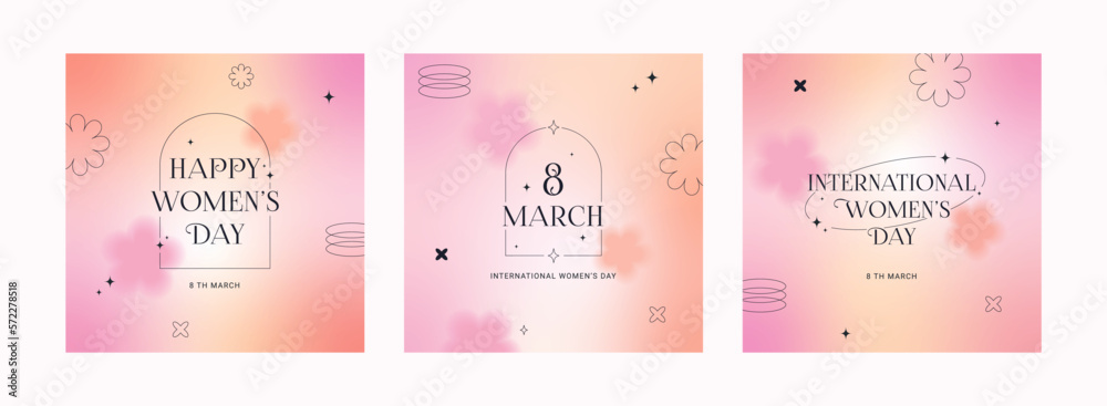 8 March. International Women's Day banner, set greeting card. Trendy gradients, blurred shapes, typography, y2k. Social media stories templates. Vector illustration for mobile apps, banner design. - obrazy, fototapety, plakaty 
