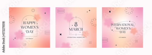 8 March. International Women's Day banner, set greeting card. Trendy gradients, blurred shapes, typography, y2k. Social media stories templates. Vector illustration for mobile apps, banner design.
