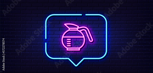 Neon light speech bubble. Coffeepot line icon. Coffee Hot drink sign. Brewed fresh beverage symbol. Neon light background. Coffeepot glow line. Brick wall banner. Vector