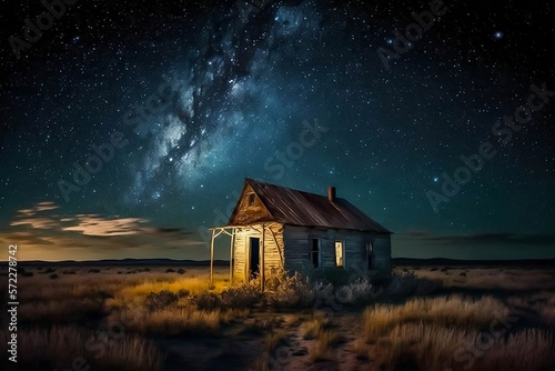 starry sky, hut, plain, generative AI, camping, wilderness, cabin, stargazing, telescope, astronomical