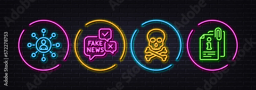Fake news, Networking and Chemical hazard minimal line icons. Neon laser 3d lights. Attached info icons. For web, application, printing. Wrong fact, Business communication, Toxic death. Vector