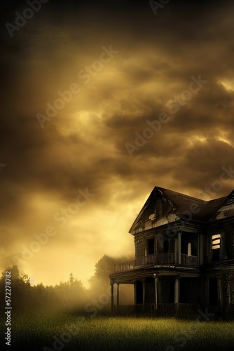 Dark atmospheric horror background. Haunted house. Dramatic sky, old, abandoned house, light in the windows. 3D illustration - generative ai