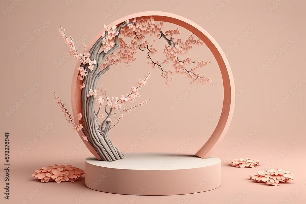 Spring cherry blossom product display podium for natural product. Empty scene with sakura branch. Generative ai - obrazy, fototapety, plakaty 