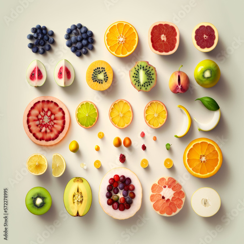 Variety of fruit cut into pieces on white surface. Generative AI.