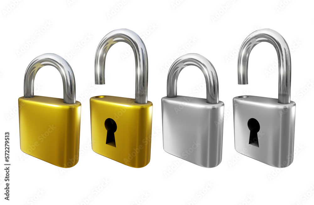 3d rendering of gold and silver padlocks locked and unlocked from perspective view angle 3d rendering of gold and silver padlocks locked and unlocked from perspective view angle