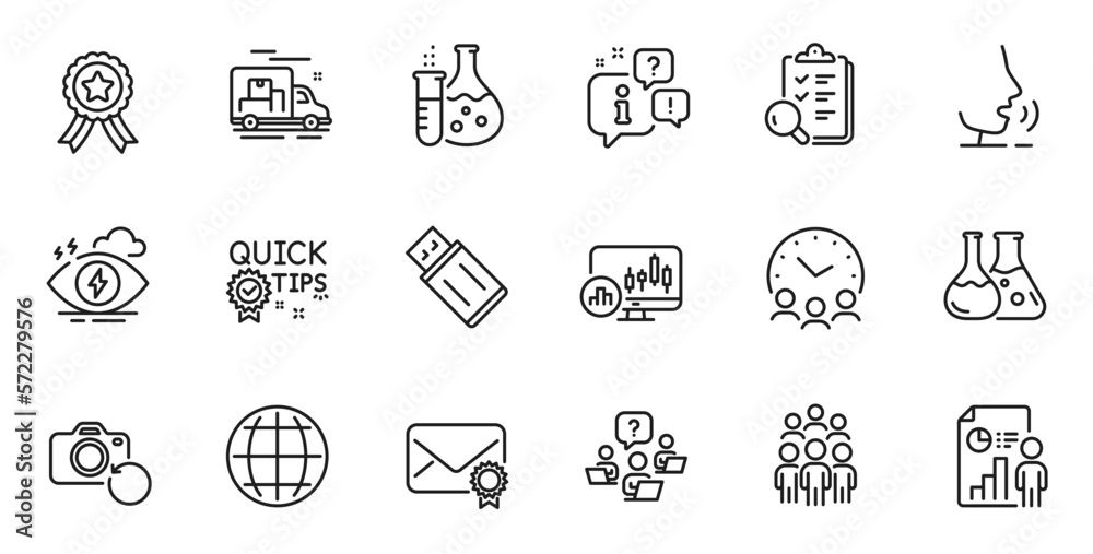 Outline set of Winner ribbon, Chemistry lab and Meeting time line icons for web application. Talk, information, delivery truck outline icon. Vector