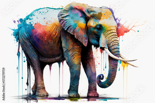 Colorful elephant standing in front of white background. Generative AI.