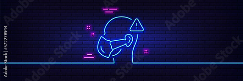 Neon light glow effect. Medical mask line icon. Safety breathing respiratory mask sign. Coronavirus face protection symbol. 3d line neon glow icon. Brick wall banner. Medical mask outline. Vector