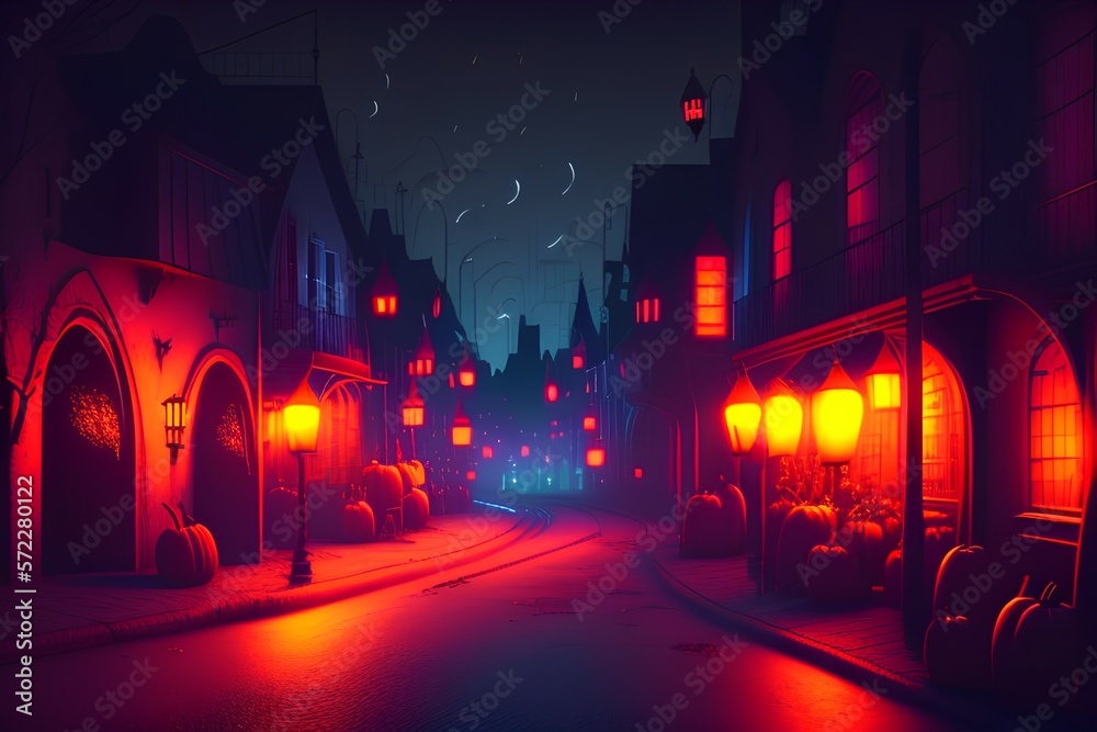 Dark dramatic old street, night street lights, neon light, night. Dark landscape for Halloween. Witches and pumpkins, terrible gloomy landscape. 3D illustration - generative ai
