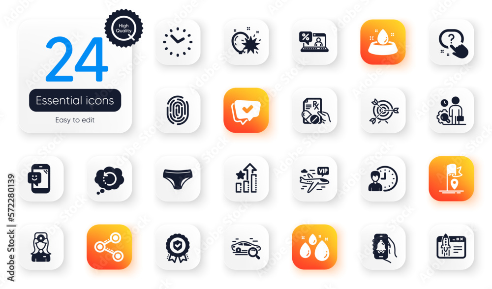 Set of Business flat icons. Water bowl, Share and Fingerprint elements for web application. Start business, Working hours, Inspect icons. Flag, Approved, Target elements. Search car. Vector