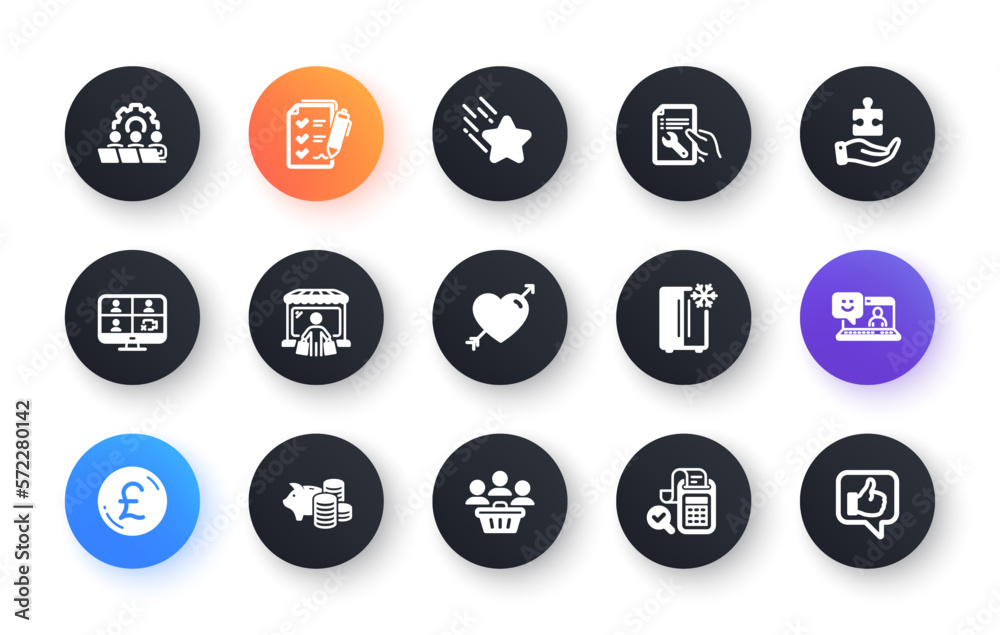 Minimal set of Buyers, Smile and Falling star flat icons for web development. Refrigerator, Piggy bank, Teamwork icons. Survey checklist, Video conference, Market buyer web elements. Vector