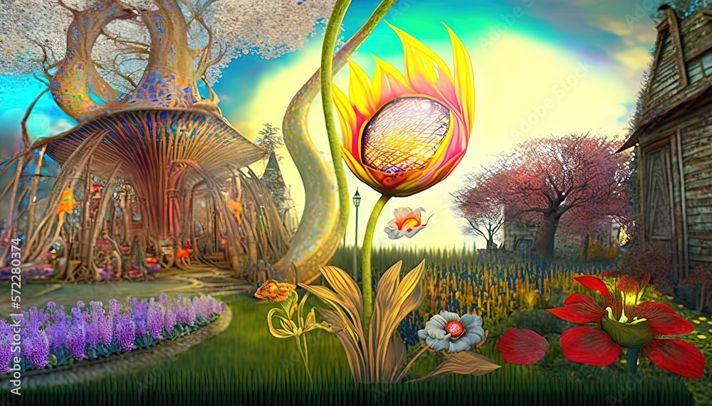 Obraz premium a painting of a flower garden with a house in the background. generative ai