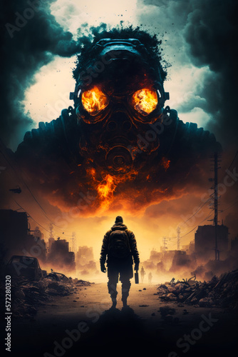 The cover of the game, with man standing in front of an explosion. Generative AI.