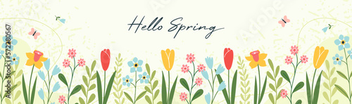 Hello Spring! Vector horizontal spring banner. Floral green background. Tulips, colorful spring flowers and branches with leaves. Handwritten lettering.