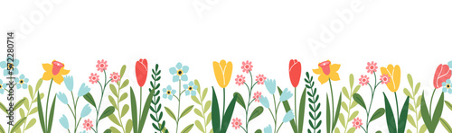 Horizontal banner or floral background decorated colorful flowers and leaves. Spring summer botanical seamless border.