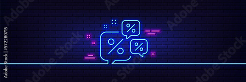 Neon light glow effect. Discounts chat bubbles line icon. Sale offer sign. Promotion price symbol. 3d line neon glow icon. Brick wall banner. Discounts chat outline. Vector
