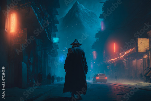An image of man walking down city street at night. Generative AI.