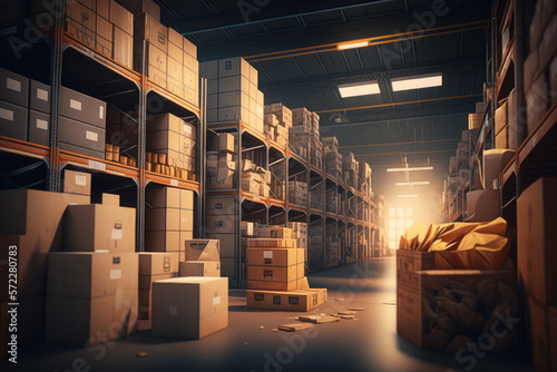 An image of warehouse with lots of boxes. Generative AI.