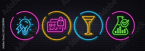 Card, Electricity bulb and Martini glass minimal line icons. Neon laser 3d lights. Chemistry lab icons. For web, application, printing. Bank payment, Electric energy, Wine. Laboratory flask. Vector