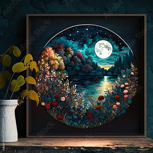 Harvest moon above a beautiful lake at night, rich greenery birchwood trees, flowers, and a gorgeous galaxy. 3D