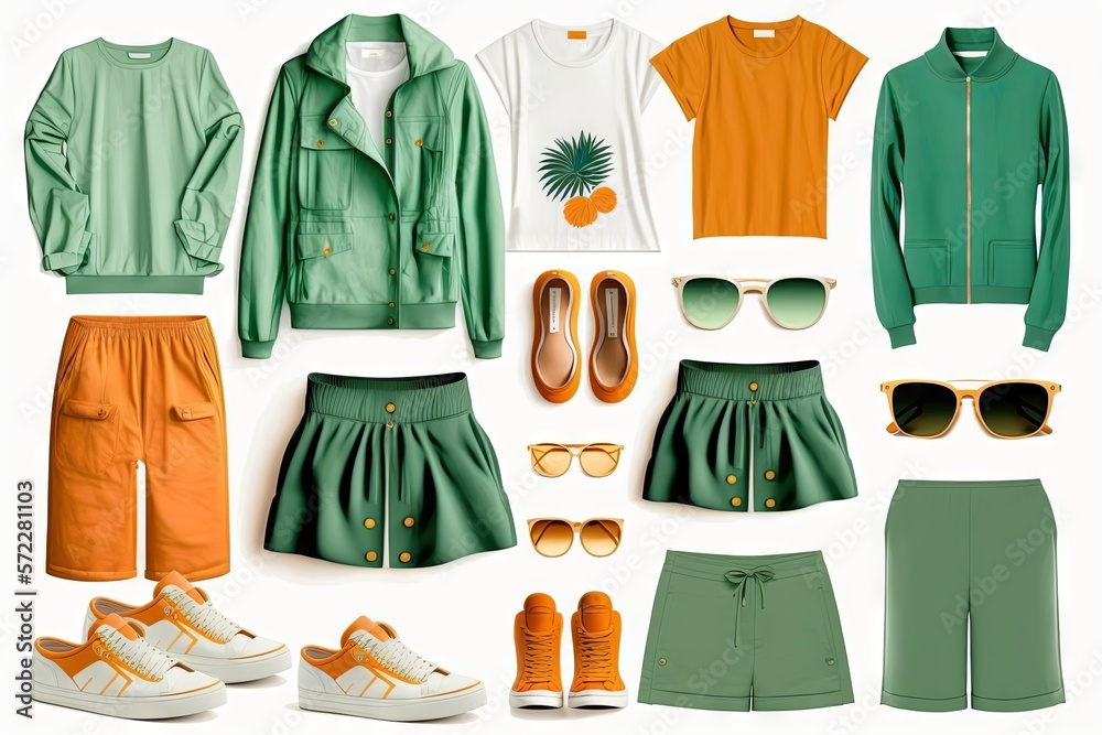 Outfit naranja y verde deportivo, set de ropa informal, vestimenta casual  para el día a día primavera verano ilustração do Stock