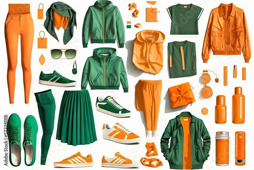 Outfit naranja y verde deportivo, set de ropa informal, vestimenta casual para el día a día primavera verano